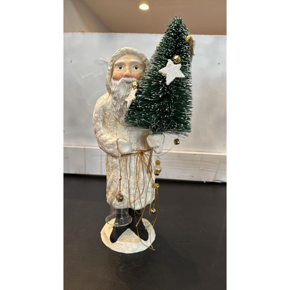 Dept 56 Father Frost 14" Figurine Paper Mache Belsnickle White Santa W/ Tree